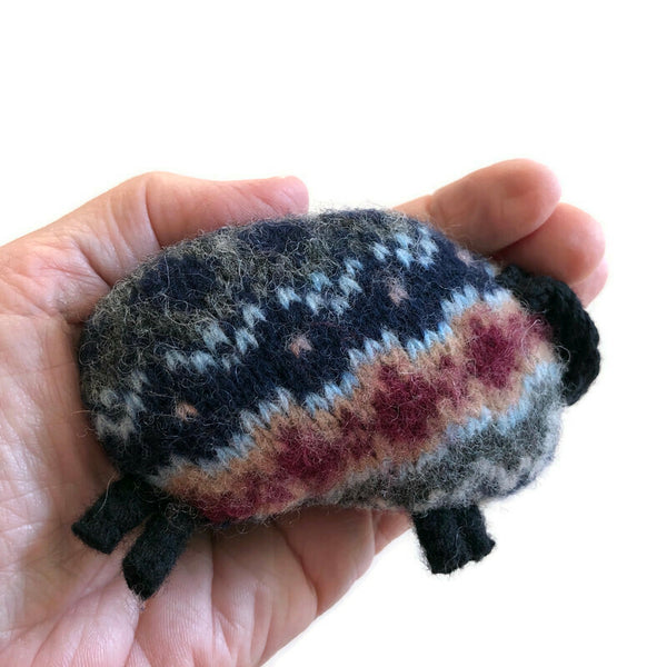 Felted Sheep Hand Warmers Blue Fair Isle