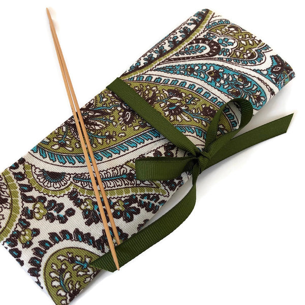 Double Point Needle Six OR Twelve Pocket Roll Up Green Paisley