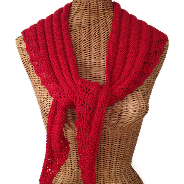 Lacy Knit Scarf Cotton Wool Red