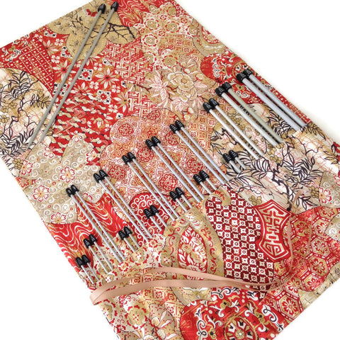 15 Pocket Straight  Needle Roll Up Red Oriental Motif