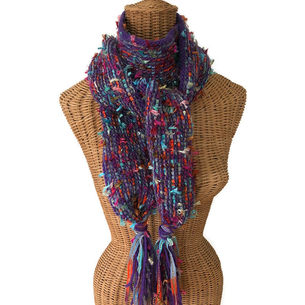 Hand Knit Scarf Purple & Flecks of Color