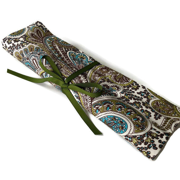 15 Pocket Straight  Needle Roll Up Green Paisley