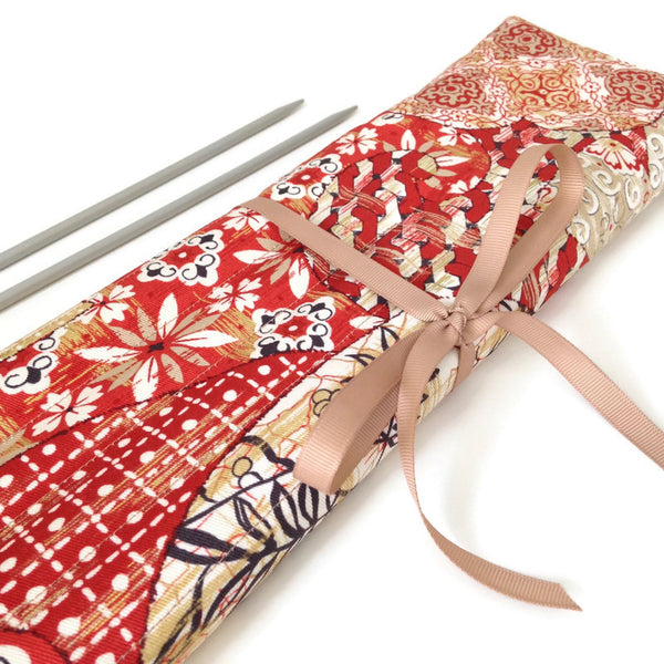 15 Pocket Straight  Needle Roll Up Red Oriental Motif