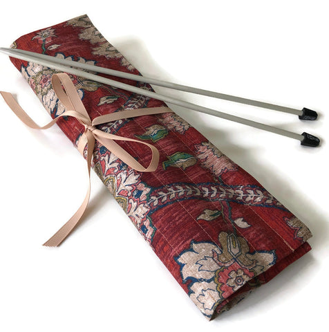 15 Pocket Straight  Needle Roll Up Rust Beige Floral