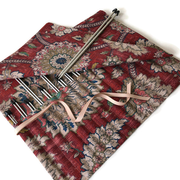 15 Pocket Straight  Needle Roll Up Rust Beige Floral