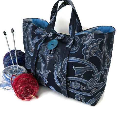 Large Knitting Bag Blue Embroidered