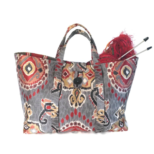 The Large Knitting Bag Red and Gray Ikat