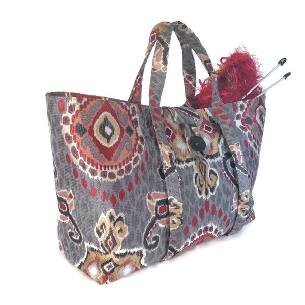The Large Knitting Bag Red and Gray Ikat