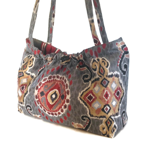 The Shoulder Knitting Bag Red and Gray Ikat