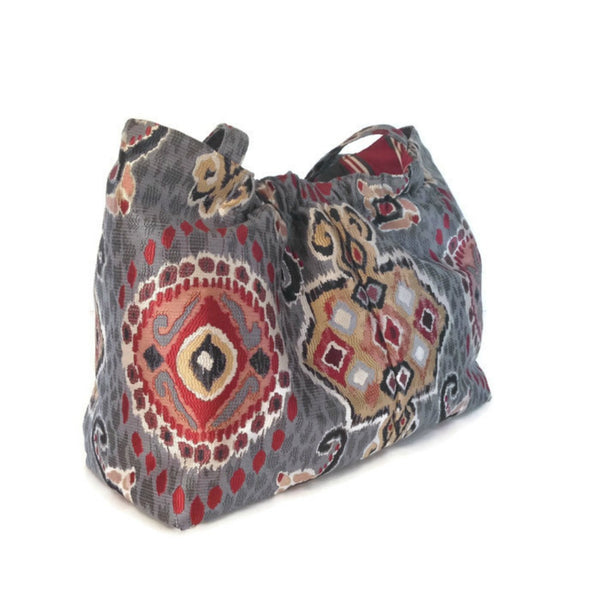 The Shoulder Knitting Bag Red and Gray Ikat