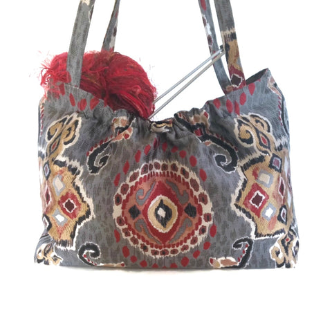 The Shoulder Knitting Bag Red and Gray Ikat