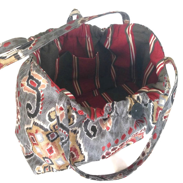 The Shoulder Knitting Bag Red and Gray Ikat