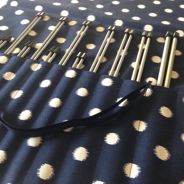15 Pocket Straight  Needle Roll Up Case Navy w/Dots