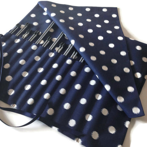 15 Pocket Straight  Needle Roll Up Case Navy w/Dots