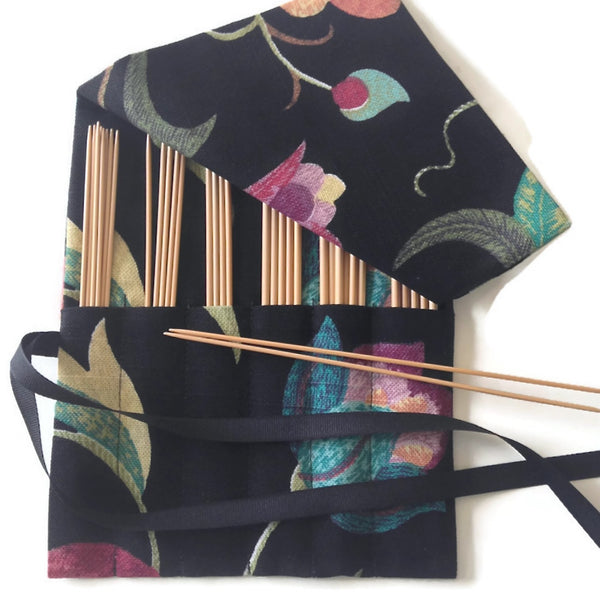Double Point Needle Six OR Twelve Pocket Roll Up Black Linen Floral