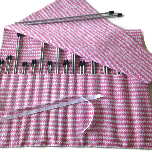 15 Pocket Straight  Needle Roll Up Case Pink Zigzag