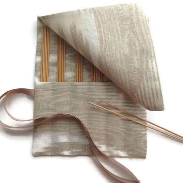 Double Point Needle Roll Up 6 Pockets Linen Brown Moire
