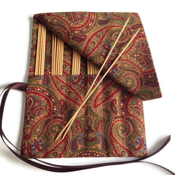 Double Point Needle Roll Up 6 Pockets Brown Paisley