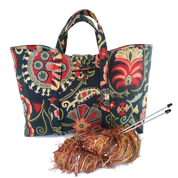 The Large Knitting Bag Teal Floral Tapestry