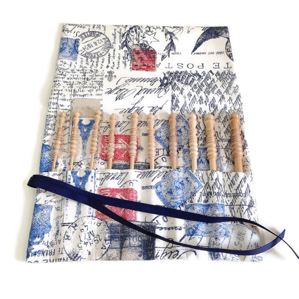 Complete Set Brittany Crochet Hooks  with French Postcard Fabric Roll Up Case - Buttermilk Cottage