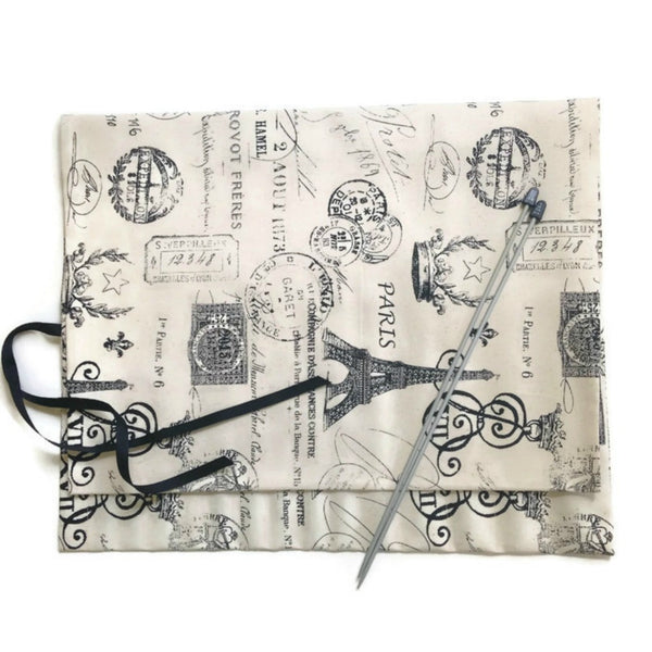 15 Pocket Straight Needle Roll Up Case Black French Icons - Buttermilk Cottage - 5