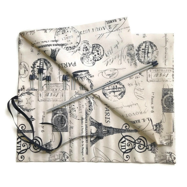 15 Pocket Straight Needle Roll Up Case Black French Icons - Buttermilk Cottage - 6