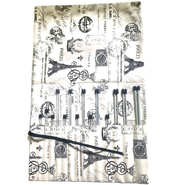 15 Pocket Straight Needle Roll Up Case Black French Icons - Buttermilk Cottage - 4