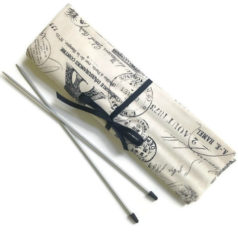 15 Pocket Straight Needle Roll Up Case Black French Icons - Buttermilk Cottage - 1