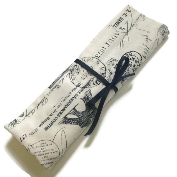 15 Pocket Straight Needle Roll Up Case Black French Icons - Buttermilk Cottage - 3