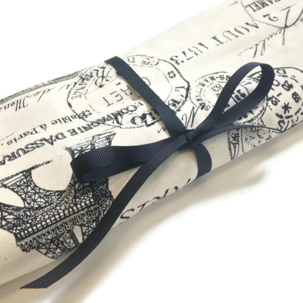 15 Pocket Straight Needle Roll Up Case Black French Icons - Buttermilk Cottage - 2