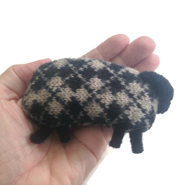 Felted Sheep Hand Warmers Black and Taupe Argyle