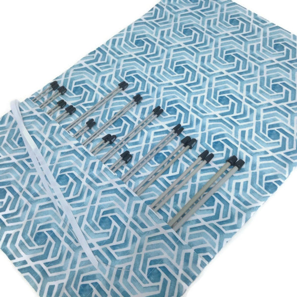 15 Pocket Straight  Needle Roll Up Case Blue Geometric Swirls - Buttermilk Cottage