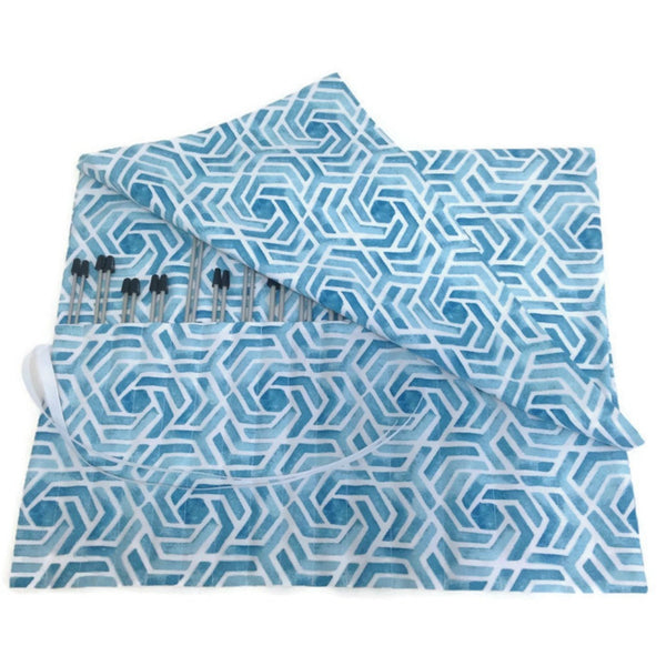 15 Pocket Straight  Needle Roll Up Case Blue Geometric Swirls - Buttermilk Cottage