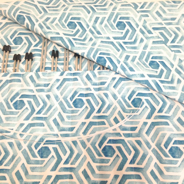 15 Pocket Straight  Needle Roll Up Case Blue Geometric Swirls - Buttermilk Cottage