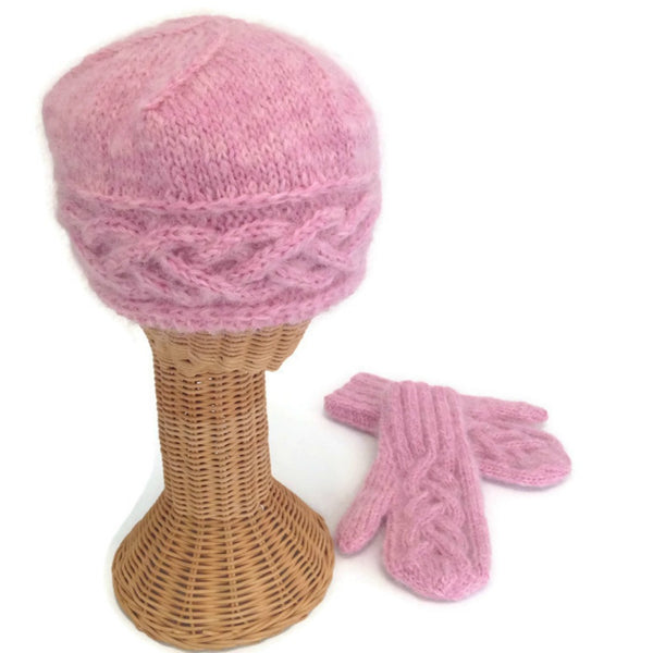 Pink cabled hand knit hat and mittens