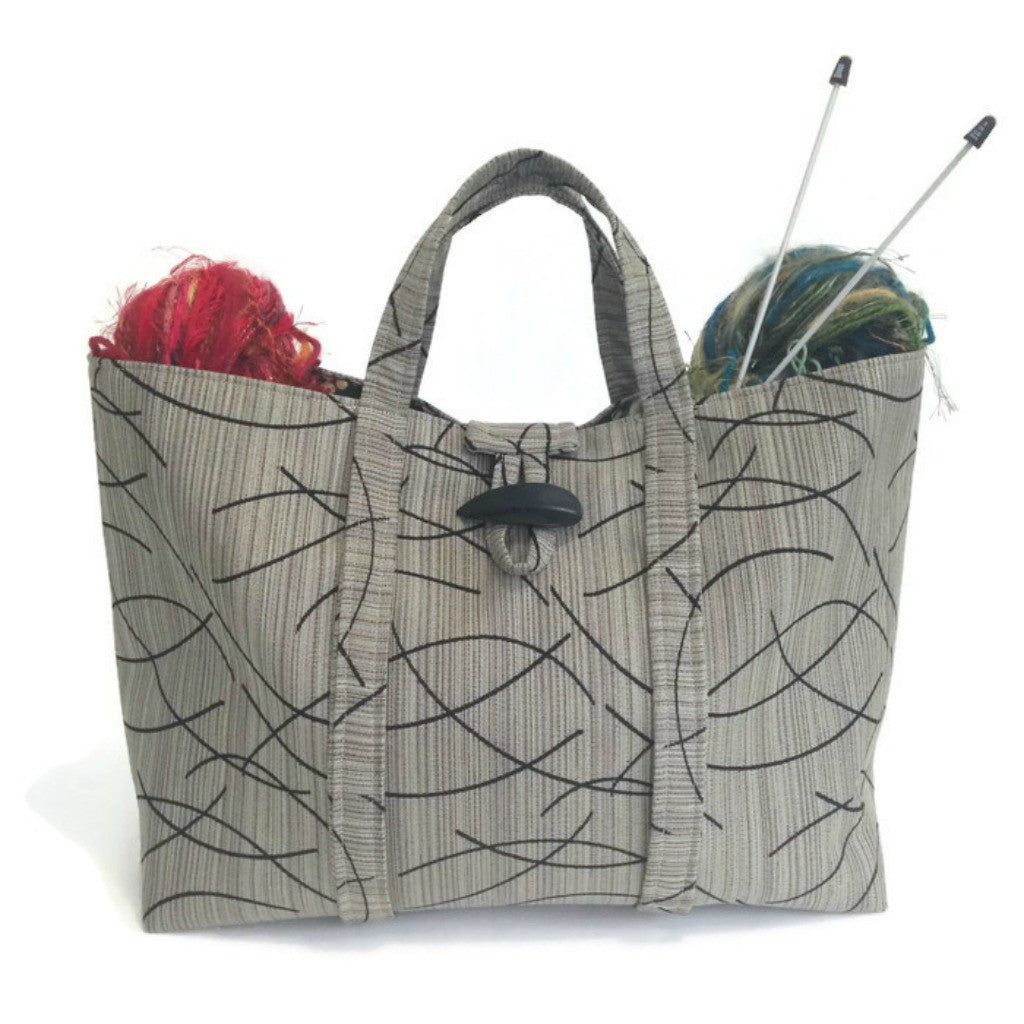 The Large Knitting Bag Taupe and Black Graphic - Buttermilk Cottage