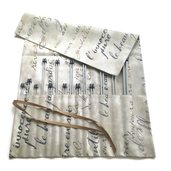 15 Pocket Straight Needle Roll Up Case French Script - Buttermilk Cottage