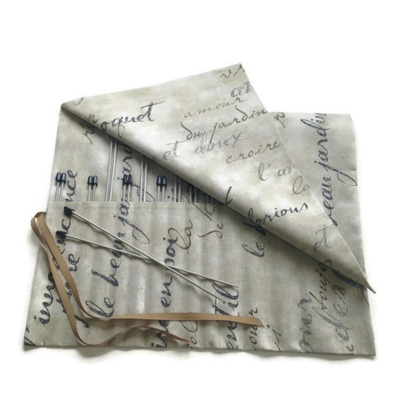 15 Pocket Straight Needle Roll Up Case French Script - Buttermilk Cottage