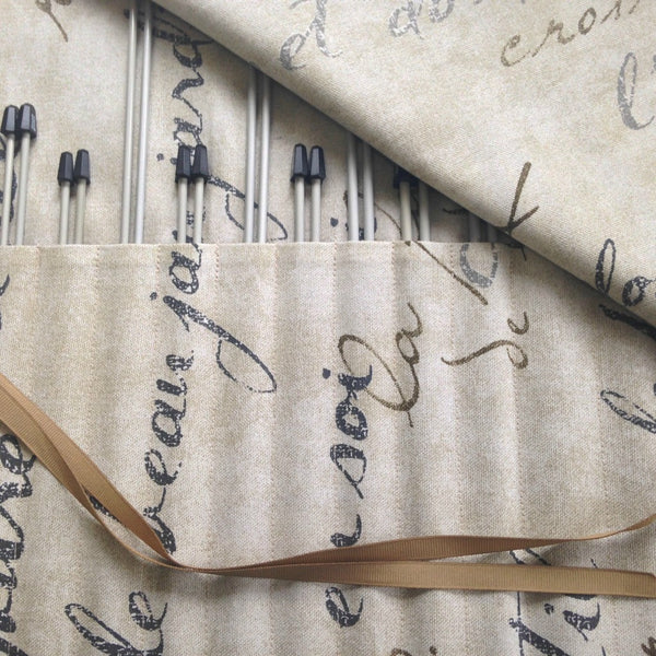 15 Pocket Straight Needle Roll Up Case French Script - Buttermilk Cottage
