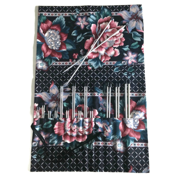 15 Pocket Straight Needle Roll Up Case Black Floral - Buttermilk Cottage