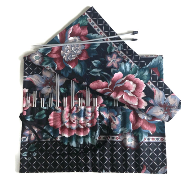 15 Pocket Straight Needle Roll Up Case Black Floral - Buttermilk Cottage