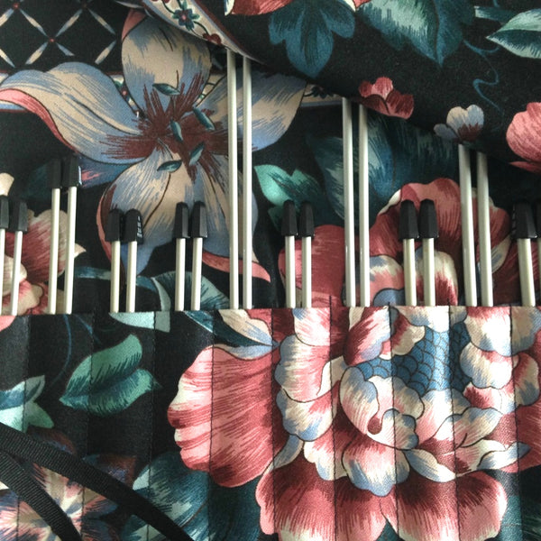 15 Pocket Straight Needle Roll Up Case Black Floral - Buttermilk Cottage