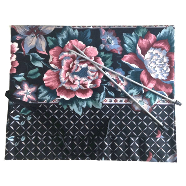15 Pocket Straight Needle Roll Up Case Black Floral - Buttermilk Cottage