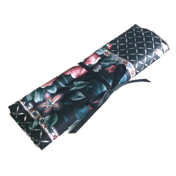 15 Pocket Straight Needle Roll Up Case Black Floral - Buttermilk Cottage