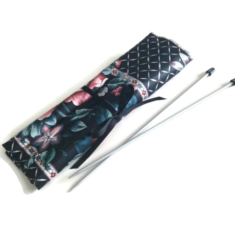 15 Pocket Straight Needle Roll Up Case Black Floral - Buttermilk Cottage