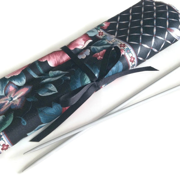 15 Pocket Straight Needle Roll Up Case Black Floral - Buttermilk Cottage