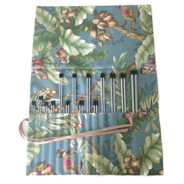 15 Pocket Straight Needle Roll Up Case Teal Blue Monkey Motif