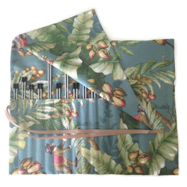 15 Pocket Straight Needle Roll Up Case Teal Blue Monkey Motif