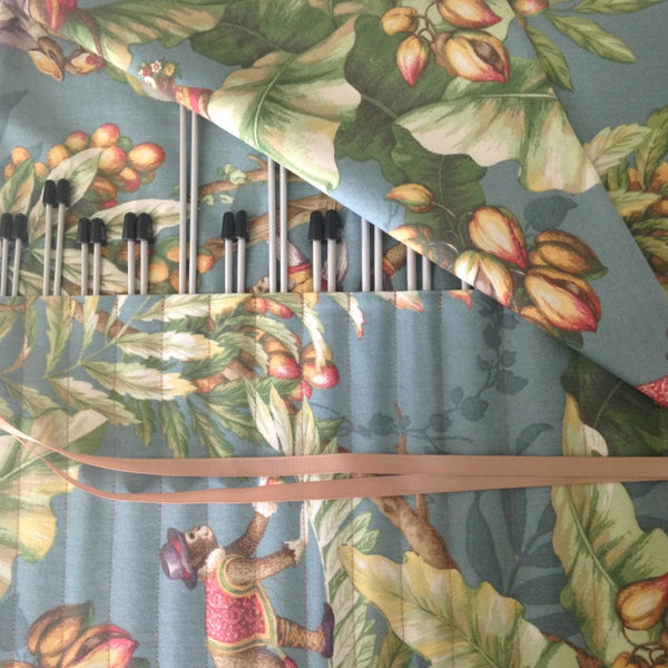15 Pocket Straight Needle Roll Up Case Teal Blue Monkey Motif