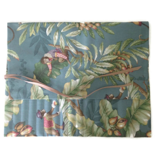 15 Pocket Straight Needle Roll Up Case Teal Blue Monkey Motif